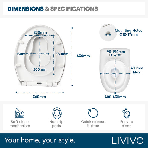 Livivo Soft Close Family Toilet Seat - Oval White with Quick Release Button for Easy Cleaning