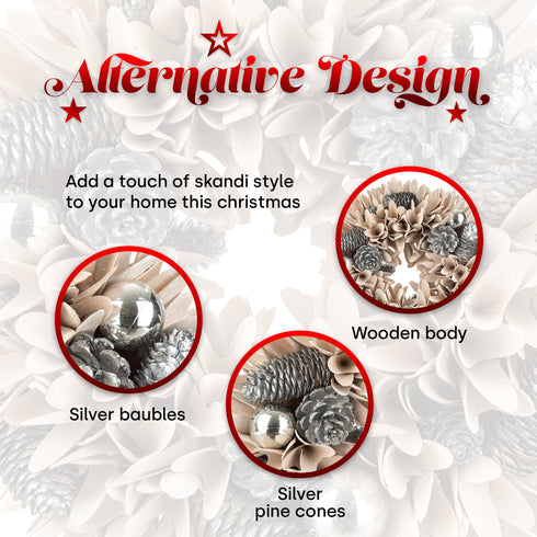 32cm Decorative Wreath with Pine Cones & Silver Baubles