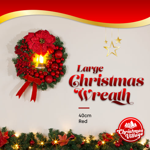 40cm Artificial Holly Christmas Wreath - Red