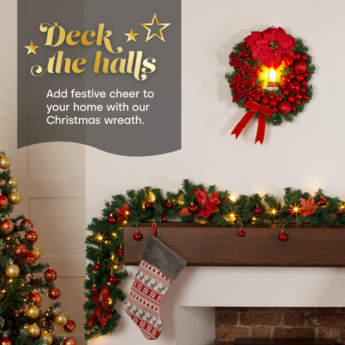 40cm Artificial Holly Christmas Wreath - Red