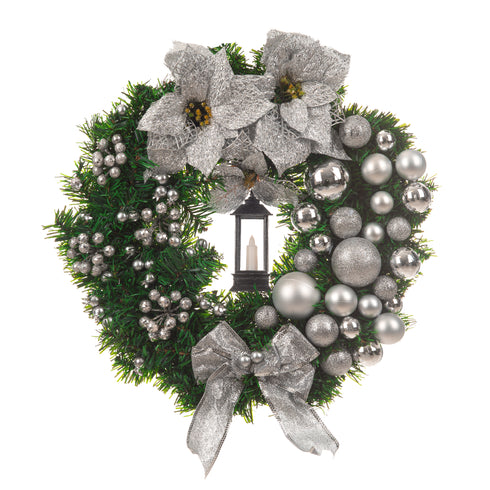 40cm Artificial Holly Christmas Wreath - Silver