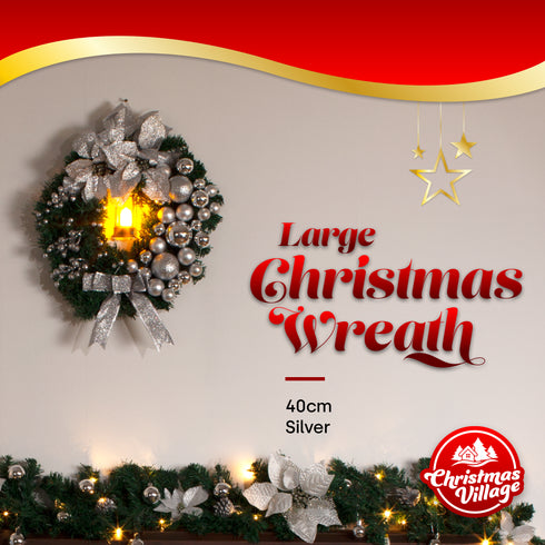 40cm Artificial Holly Christmas Wreath - Silver