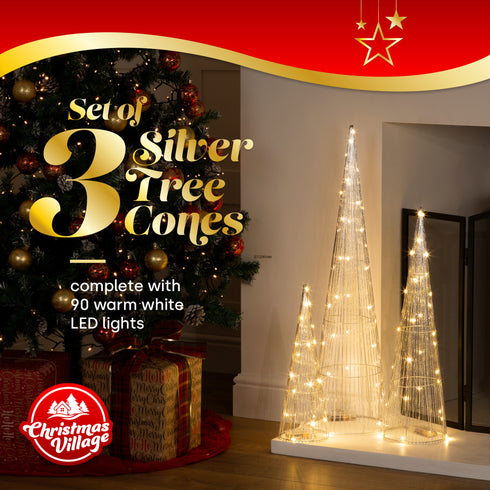 Set of 3 Light up Tree Ornaments - Silver