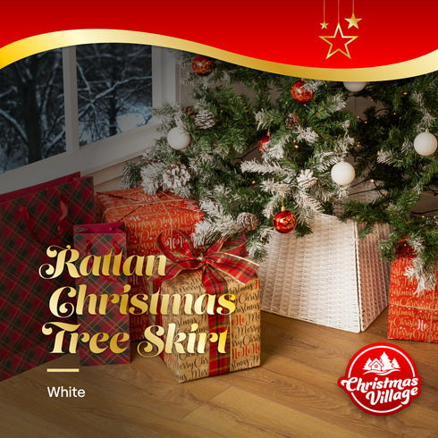 Square Rattan Christmas Tree Skirt - White