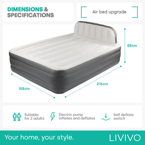 Double Air Bed with Headboard & Electric Pump