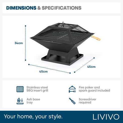 Iron Geo Fire Pit with BBQ Grill - Black