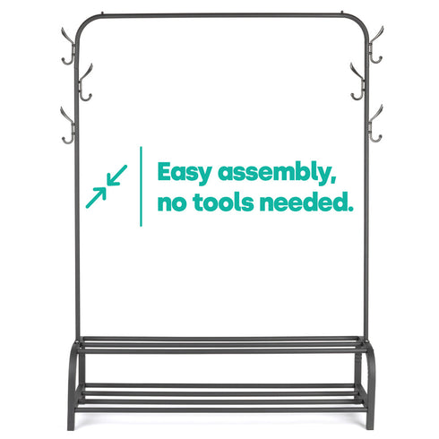 Clothes Storage Rail with Hooks & Shoe Rack - Black