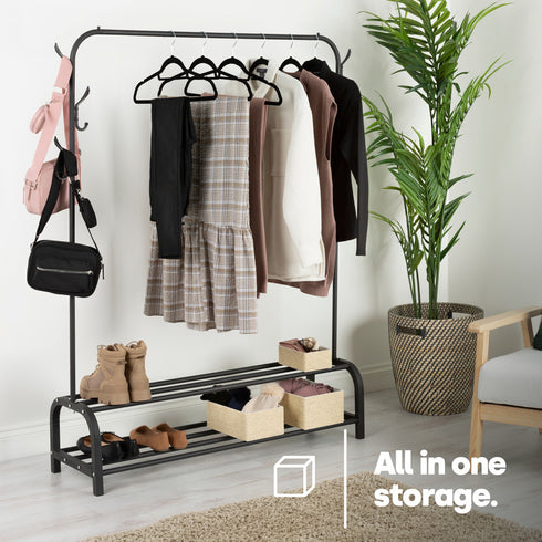 Clothes Storage Rail with Hooks & Shoe Rack - Black
