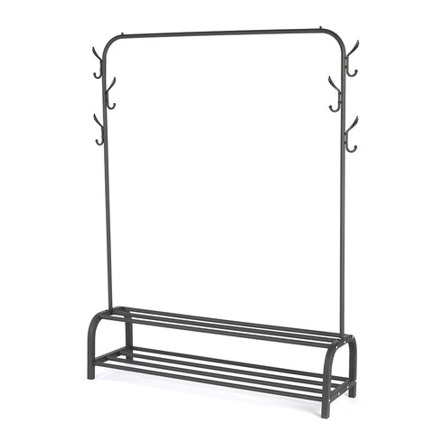 Clothes Storage Rail with Hooks & Shoe Rack - Black