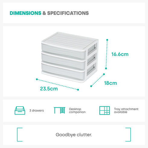 3 Drawer Small Desk Organiser - Grey