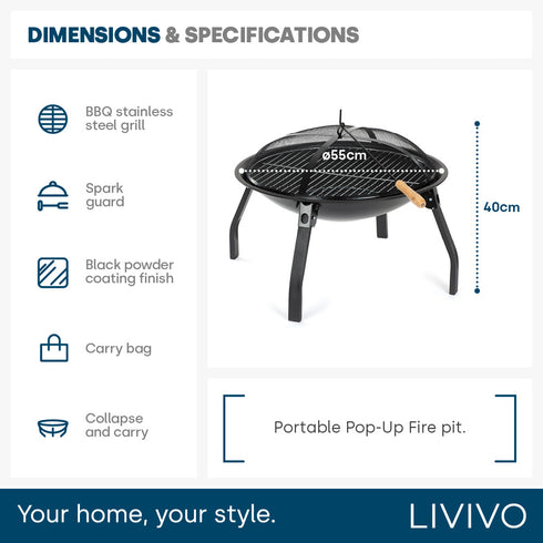 Foldable Round Fire Pit - Black