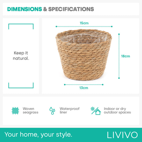 18cm Medium Seagrass Plant Pots Set of 3