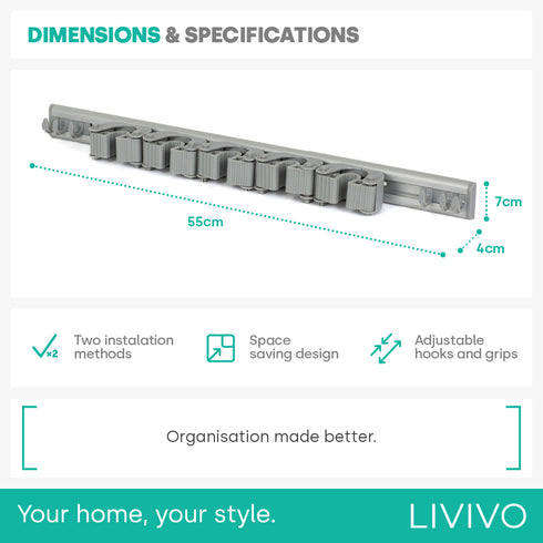 Wall Mounted Mop & Broom Holder - Grey