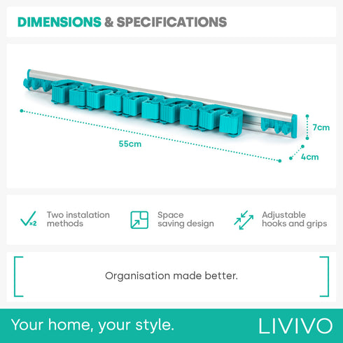 Wall Mounted Mop & Broom Holder - Turquoise