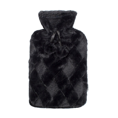 2L Hot Water Bottle with Black Pom-Pom Lattice Cover - Thermotherapy Pain Relief