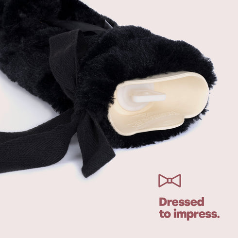 2L Long Hot Water Bottle with Black Pom-Pom Lattice Cover - Pain Relief & Comfort