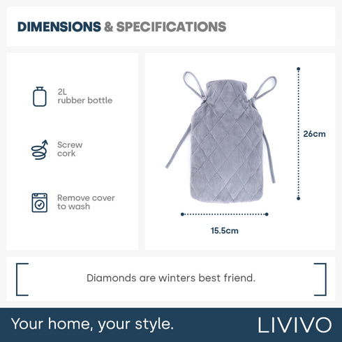 LIVIVO 2L Hot Water Bottle Grey - Diamond Stitch Microfiber Cover