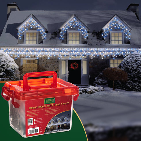 960 LED Icicle Lights - Blue and White