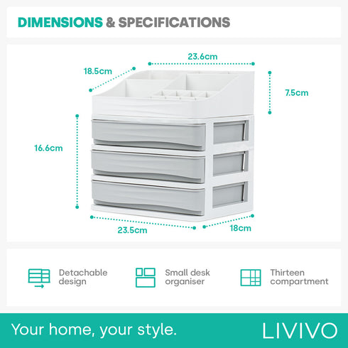 Small 3 Drawer Desk & Detachable Tray Set - Grey