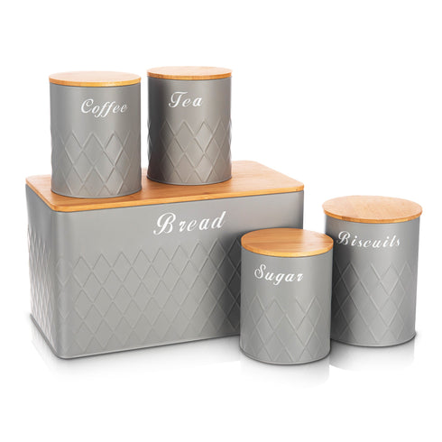 5pc Bread Bin & Canister Set - Grey