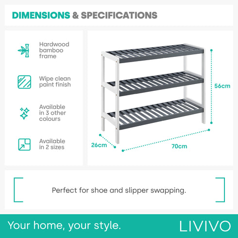 Bamboo 3-Tier Shoe Rack - White/Grey