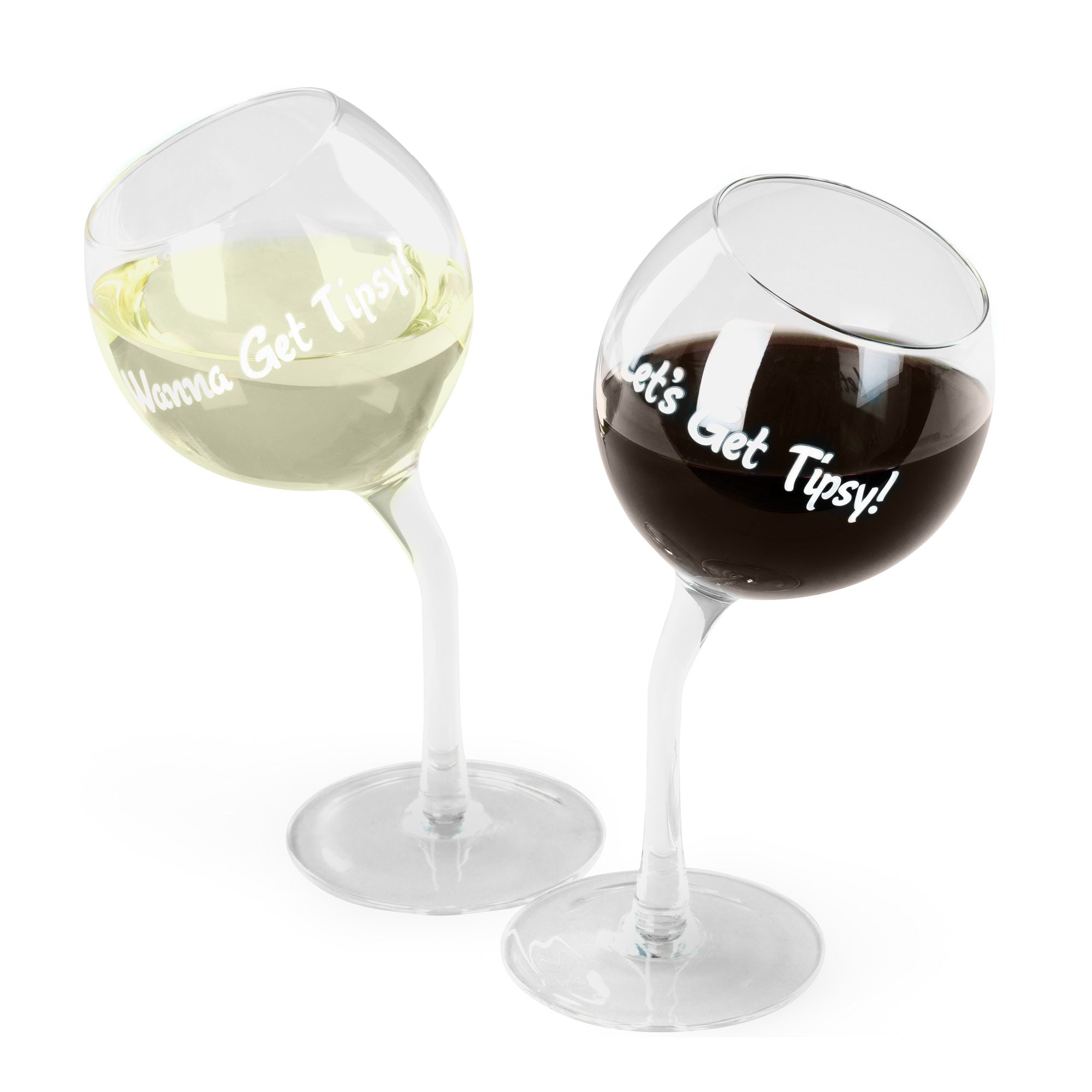 TIPSY WINE GLASS SET of 2 CLEAR BENT STEM FUN GIFT BARWARE STEMWARE  GLASSWARE